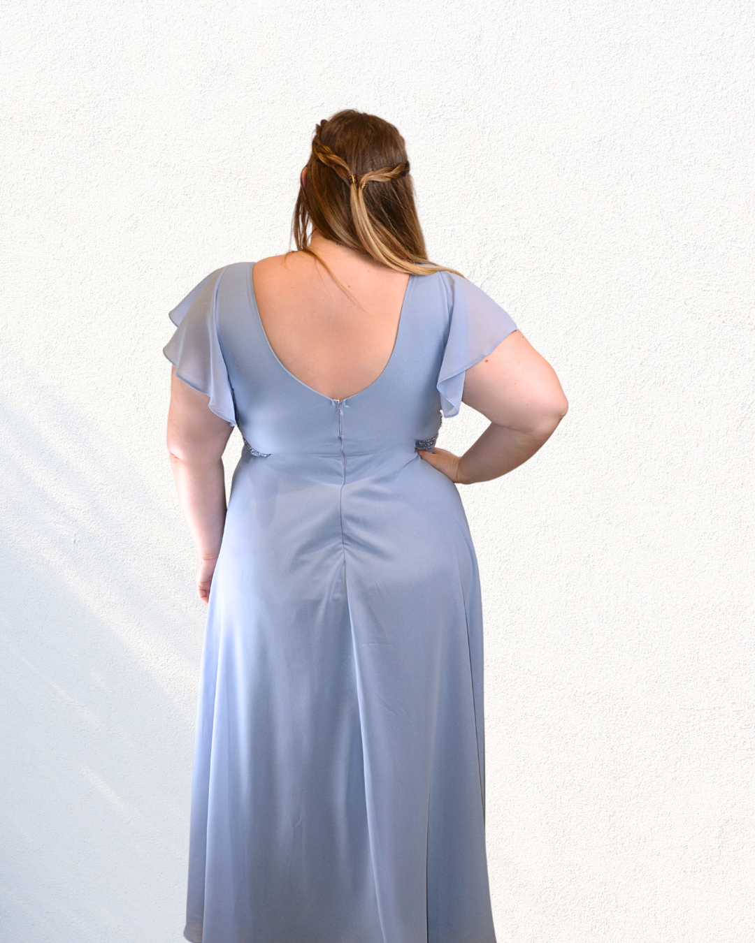 Mannequin de dos portant la robe Pénélope bleu jean