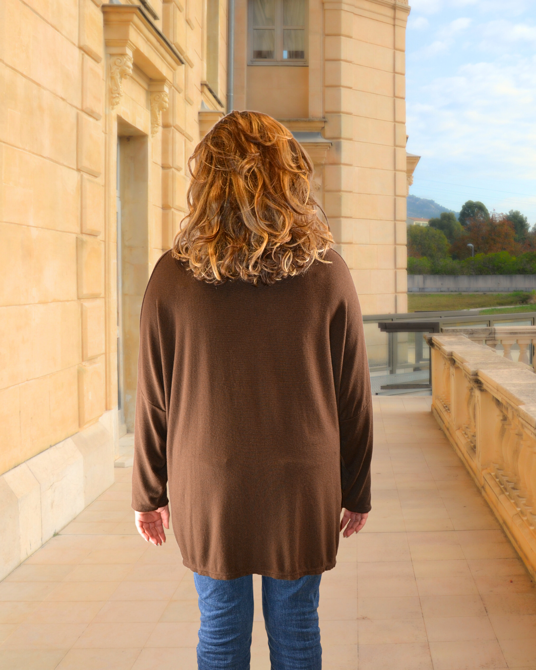 Mannequin de dos portant le pull Eleonore chocolat